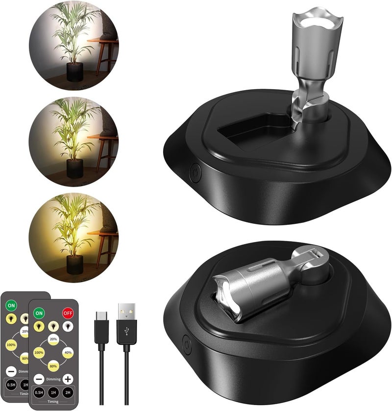 LEASTYLE LED Wireless Spotlights with Remote Rechargeable Up Lights Indoor with 3000K/4000K/6000K Battery Operated Lights with Timer Dimmable Accent Light Uplighting for Plant,Black+Silver,2 Pack - Image 1